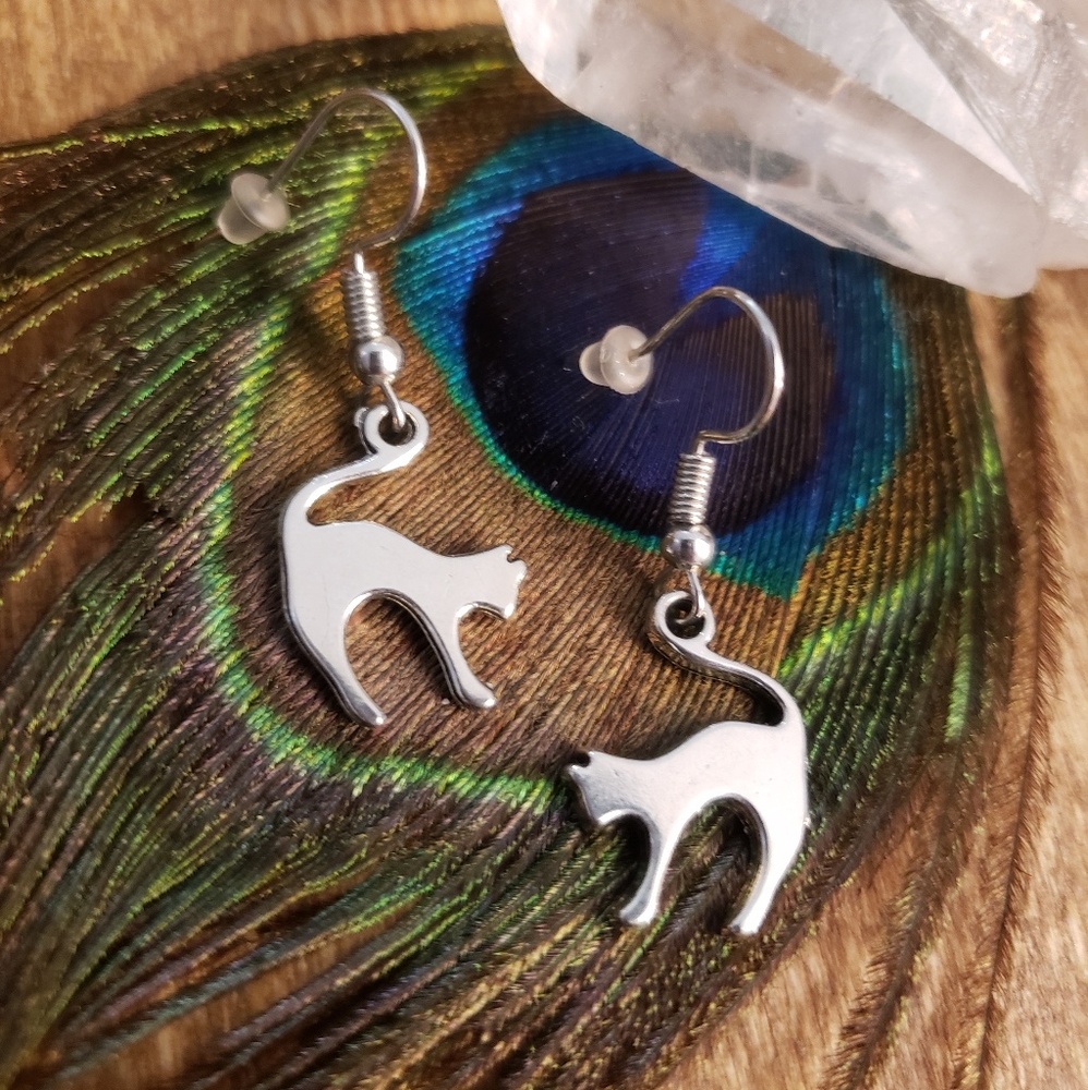 Cat earrings Spooky Kitty Silver Halloween earrings Wiccan Witch Samhain Jewelry
